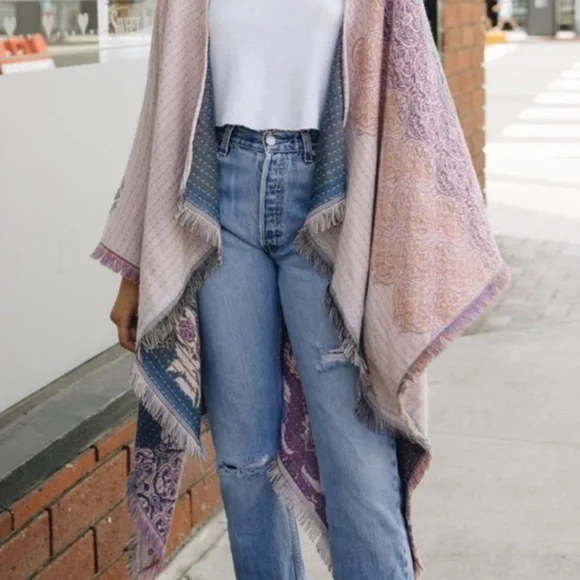 SOLD OUT Lilac Floral Medallion Paisley Ruana Boho Wrap - Picture 2 of 3